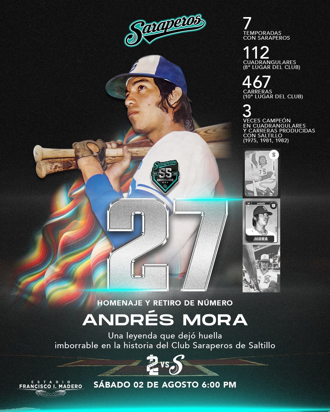 SARAPEROS RETIRARÁ EL NÚMERO 27 DE ANDRÉS MORA, LEYENDA DEL BEISBOL MEXICANO